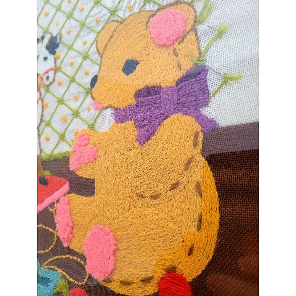 Vintage Crewel Embroidery Nursery Wall Art Bear Horse Framed - Picture 4 of 7